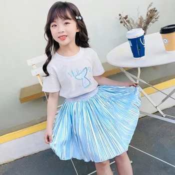 2022 Poletje Nova Dekleta morska deklica Otrok, ki je iz Short Sleeve Bleščica T-shirt Krila Dva kosa korejski Dekleta Stranka Princesa Krilo Obleko