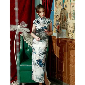 2023 Pomlad Svile Maxi Dolgo Izboljšano Cheongsam Retro Elegantno Uspešnosti Kitajski Tradicionalni Slog Večerno Obleko Qipao za Ženske