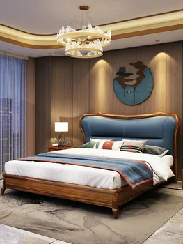 Ameriški svetlobno razkošje masivnega lesa, usnja posteljo Evropski stil razkošna kraljica posteljo, spalnico, sodobno dvojno princesa postelja