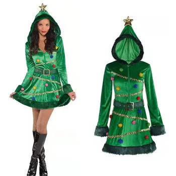 Božič Obleke Ženska, Temno Zelena Hooded Santa Drevo Obleko Božič Cosplay Kostum Počitnice Stranka Dekorativni Rekviziti Dodatki