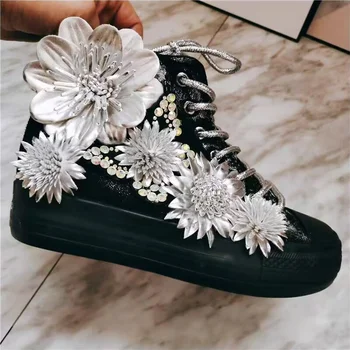 Debelo dno nepremočljiva tabela cvetje ročno izdelan po meri platno čevlji okrasnih čipke-up visoki vrh priložnostne čevlji za ženske 35-40
