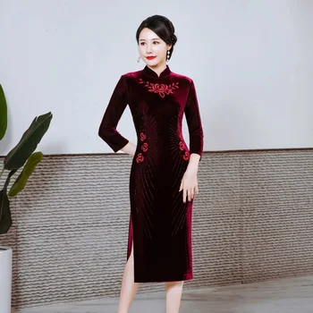 Kitajski Obleko Tradicionalnih Retro Klasična Žamet Cheongsam Plus Velikost Ženske Qipao Seksi, Lepe Vezenine Split Vestidos 3XL 4XL