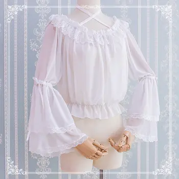 Lolita belo srajco sladko in srčkan dolgo sleeved šifon Lolita vrh lolita z srčkan off-the-ramo majica