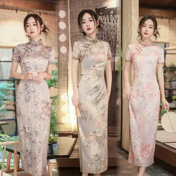 Oversize M-4XL Qipao Elegantno Svilnato Saten Cheongsam Ženske Seksi Tiskanja Kitajski Stil Oblačenja Dolgo Vestidos Par Mujer Obleke Oblačila