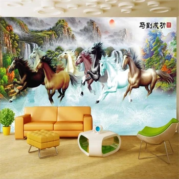 Ozadje po meri 3D zidana papier peint konja, da uspeh steno dnevne sobe osem konj, dnevna soba, spalnica restavracija ozadje