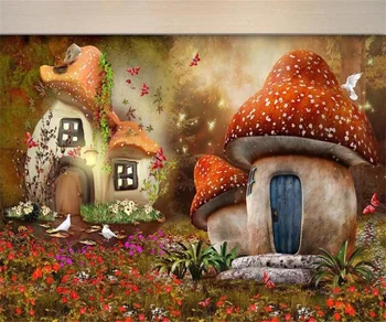 Po meri risanka zidana ozadje mushroom house otroška soba, TV vrtec v ozadju stene 3d ozadje