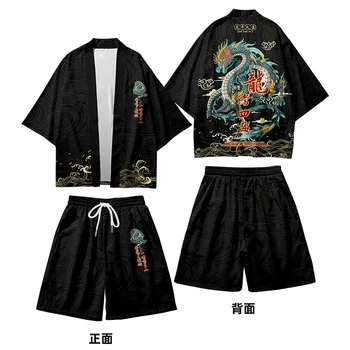 Priložnostne Letnik Kimono Hlače Določa Rokavi Ženske Moški Haori Yukata Obleko, Dvodelno, Japonski Cosplay Zmaj Tiskanja Jopico Harajuku
