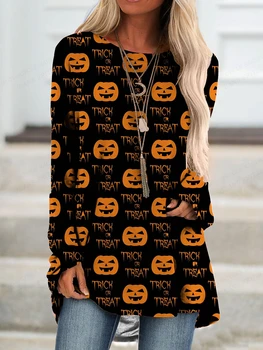 Ženske T-shirt Risanka Halloween Pumpkin Head Vzorec Žensk Fashion Majica s kratkimi rokavi Essiential Tshirt Dolg Rokav Vrhovi Tees Telovadnici