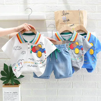 2023 korejski Poletje Baby Boy 2PCS Oblačila, ki Caroon Letalo Kratek Rokav POLO Majica Traper Hlače, Hlače, Obleka za Malčke Fant Obleke