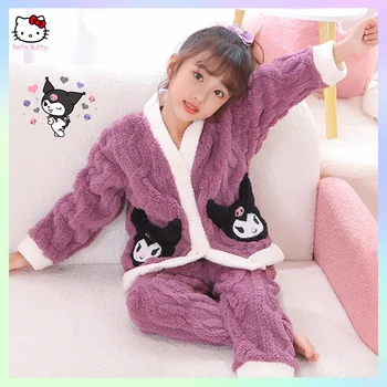 2023 Pomlad Jesen Sleepwear Otrok Flanela Pižamo Nastavite Kawaii Anime Kuromi Cinnamoroll, Dekleta, Otroci Toplo Loungewear homewear