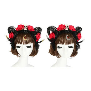 2XPC Gothic Ox Rog Headdress Cvetlični Lobanje Glavo za Dekleta Halloween Kostum
