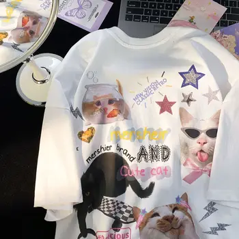Ameriški Zabavno Mačka Pismo Tiskanje Čistega Bombaža, Kratek Rokav T-shirt za Moške in Ženske Poletje INS Svoboden Priložnostne Nekaj Oblačila Vrh