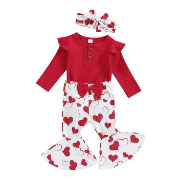 Baby Dekle valentinovo Obleko za Malčke Dolgimi Rokavi, Rebraste Ruffle Romper Ljubimec Cvetlični Flare Hlače 3Pcs Oblačila, ki