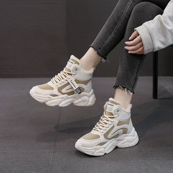 BCEBYL Pozimi nov modni visoki vrh bombaž čevlji priložnostne krog toe športni čevlji platforma čevlji čipke-up z žametno ženske škornji