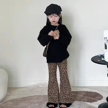 Dekle Obleko Obleko Korejski Stil Dekle 2024 Jeseni Novo Črno Plesti Pulover Dekle Otroka Jakno Slog Priložnostne Leopard Tiskanja Bell Dna