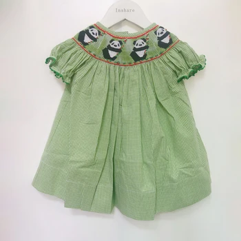 Dekleta Smocking Obleko Ročno Panda Vezene Kratka sleeved Zeleno Obleko Škofa 100% Bombaž otroška Boutique Oblačila 9m-6T