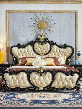 Evropski slog posteljo polno iz masivnega lesa American-slog glavo usnje poročno posteljo deluxe vklesan 1.8 spalnico dvojno princesa postelja