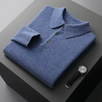 Jeseni in pozimi vratu POLO long sleeve solid color kašmir pulover men ' s high-end poslovnih nove 100% čiste volne, pleteni pulover