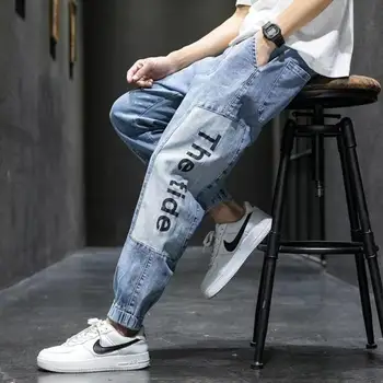 Jeseni Nove Modne Moške Jeans Razrezana Tovora Hlače Pismo Tiskanja Ulične Hip Hop Trend Hlače Jogger Kavbojke Moški Oblačila Hlače
