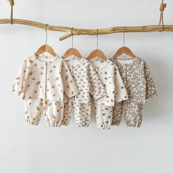 Jeseni Nove Natisnjeni Cvetlični Baby Dekleta Homesuit Otroška Oblačila 2pc Longsleeve Dno Oblačila, ki Pižamo Vaflji