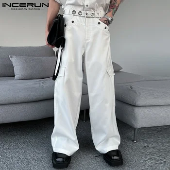 Korejski Style Moški Pantalons Multi Žep Kovinski Gumb Hlače Priložnostne Trdna Svoboden Naravnost Sod Tovora Hlače S-5XL INCERUN 2023