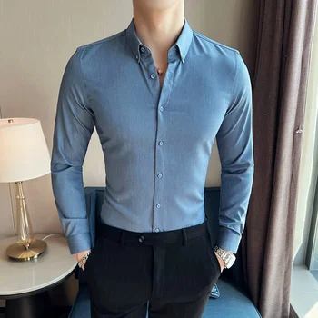 Longsleeve Srajce za Moške Pomlad New Visoke Kakovosti Business Casual Stretch Fit Slim Barva Formalno Mens Majice Oblačila