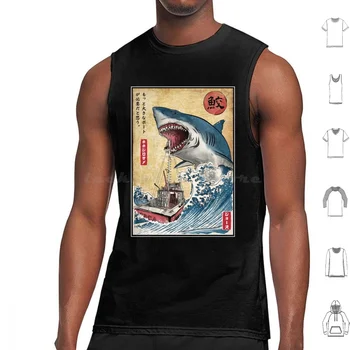 Lov Morskih Psov Na Japonskem Vrhovi Tank Tiskanja Bombaž Shark Japonska 80-Ih Retro Vintage Orka Ladjo, Ladjo Japonske Umetnosti Japanes