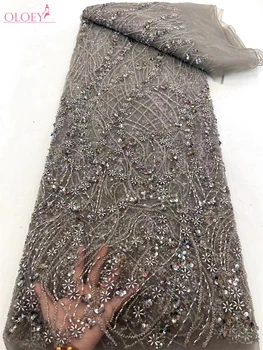 Modno Elegantna Francoski Vezenje Beaded Čipke Tkanine Afriške Nigerijski Z Bleščicami Tkanina Za Poročne Obleke