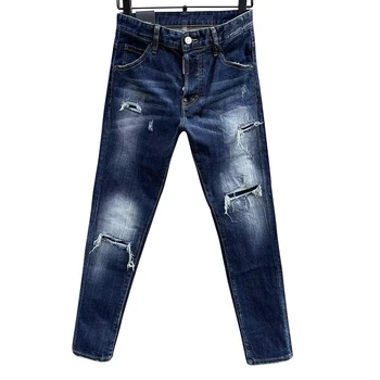Moške Jeans starbags dsq c031 Italija Novo Raztrgala Trend Kvadratne Zakrpati Luknjo Elastična Majhna Stopala Modra Slim Fit modi hlače