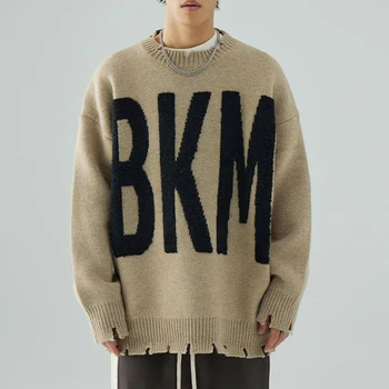 Moški pulover Y2K ulica nezakonitih luknjo pismo krog vratu pleteni pulover unisex jeseni in pozimi novo ohlapno pleteni pulover