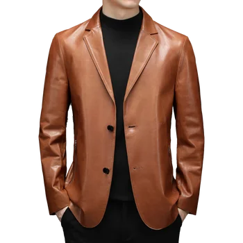 Novi Poslovni Moški, Gospod Britanski Stil Slim-fit Windproof Trend Priložnostne Moda River Ovčje kože Obleka Jakna Usnjena Jakna