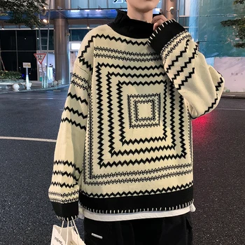 Novo Jeseni Leta 2023 Geometrijo Puloverji za Moške Harajuku Moda za Moške Izruga Vratu Puloverju Moški Plesti Pulover Oversize Y2k Moških Oblačil