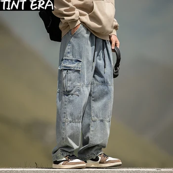 ODTENEK ERA Tovora Jeans Hlače Moški Mozaik Oversize Širok Noge Traper Hlače Moški Črni Japonski Ulične Hip Hop Safari Stil