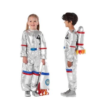 Otroci Astronavti Kostum Cosplay Pilotni Kostum Obleko Srebro Astronavt Jumpsuit Z Raketo Vrečko Astronavt Obleke Halloween Obleko Gor