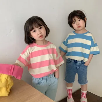 Otrok korejskem slogu poletje prugasta kratek rokav Tees fantje in dekleta bombaž svoboden priložnostne majice