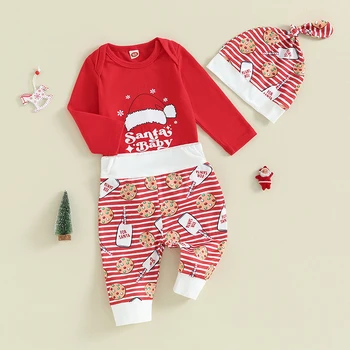 Otroška Božična Obleka Z Dolgimi Rokavi Romper Piškotek Tiskanja Hlače Klobuk Komplet Za Malčke Oblačila