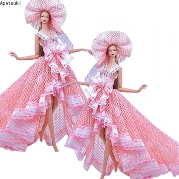 Roza Bela Ročno Poročno Obleko za Barbie Lutka Oblek, Obleke Dolgim Repom Stranka Obleke Klobuk Igrače za Otroke, 1:6 Lutke, Dodatki