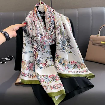 Saten Dokončaj Design Svileni Šal Priljubljena 180X90CM Topla oblačila Hidžab Štirje letni Časi Modni Šali Luksuzne blagovne Znamke Ženske Tiskanja Rute