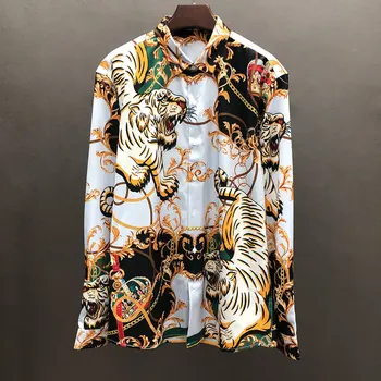 Socialni Italijanski, Britanski Stil Moški Z Dolgimi Rokavi Padajo Pisane Letnik Tiger Print Majica Priložnostne Srajco, Obleko Camisa Masculina