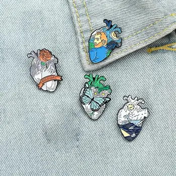 Srce Oblika Emajl Zatiči po Meri Van Gogh Prostor Ocean Kita Rose Dekle Broška River Pin Majica Vrečko Značko Nakit Darilo za Prijatelje