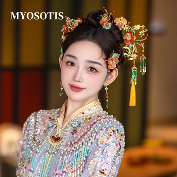 Svetlo Očarljivo Ornage Barve Kitajski Letnik Poročne Poroko Cvet Lasnice Nastavite Xiuhe Glavo Pribor Jewelries