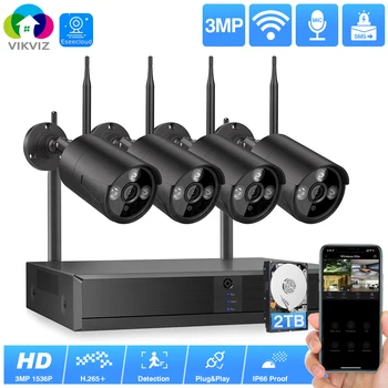 VIKVIZ 8CH Brezžični CCTV Sistema H. 265+ 2K NVR z 4CH 3MP Zunanja IP Kamera, WIFI Varnostni Sistem WiFi Video Nadzor Kit