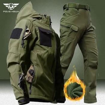 Vojaške Soft Shell Določa Moški Nepremočljiva Hooded Taktično Jakne+Multi-žep Tovora Pants 2 Kos Obleke Pozimi Toplo Runo Vojske Set