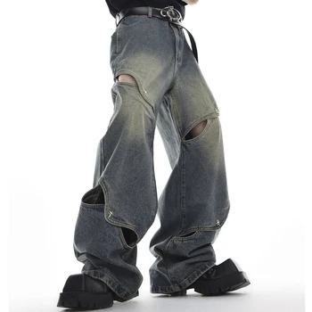 Y2K Kavbojke Moški Kovinski Gumb Design Široko noge Odpiranje Težka Votlih Moške Jeans