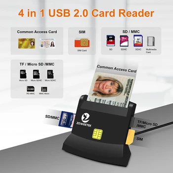 Zoweetek USB 2.0 Multi-Funkcijo Smart Card Reader za Micro SD/TF Pomnilnik ID Banka EMV Kartica SIM