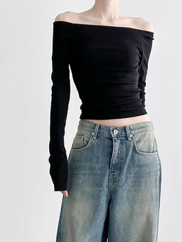 Ženska Rastlinske Vrhovi Off Ramenski Dolg Rokav T Shirt Slim Fit Osnovne Vrhovi Bluzo Y2K Bo Iz Ulične